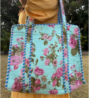 Noori Tote bag Floral Pink and Sea Green with zip