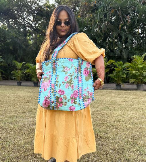 Noori Tote bag Floral Pink and Sea Green with zip