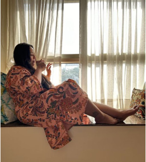 Ranisa Waffle cotton bathrobe pink floral