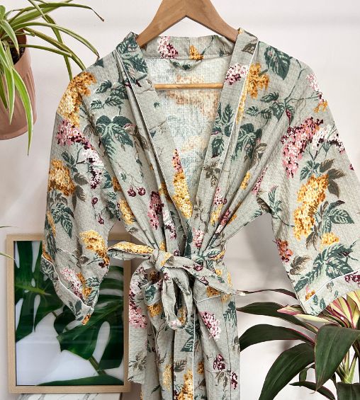 Ranisa Waffle cotton bathrobe pastel floral