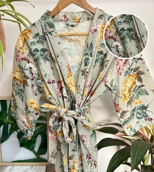 Ranisa Waffle cotton bathrobe pastel floral