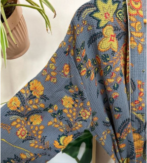 Ranisa Waffle cotton bathrobe grey floral 