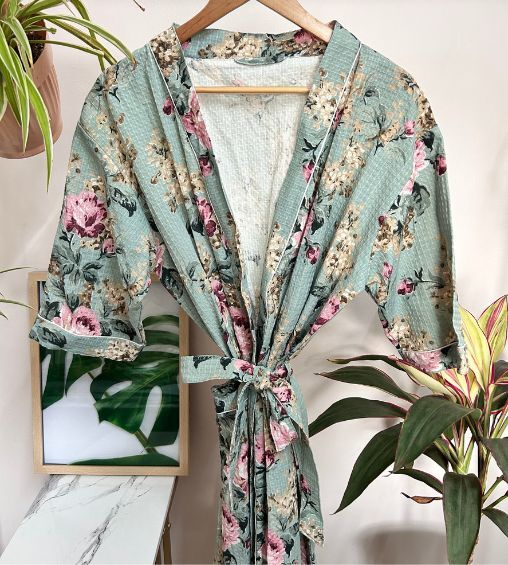Ranisa waffle cotton bathrobe sky blue floral