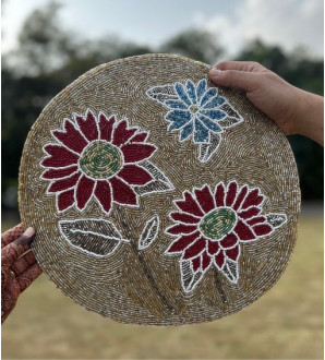 Rang Chakra Hand- Crafted Beaded Mat golden red and blue flowers