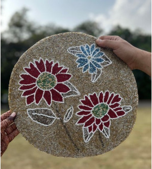 Rang Chakra Hand- Crafted Beaded Mat golden red and blue flowers