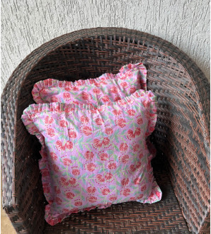 Ruffle charm cushion cover handblock printed pink floral